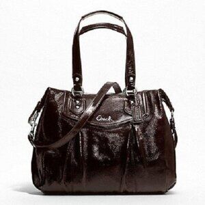 Coach Ashley Brown Patent Leather Hobo Tote Bag With Crossbody Strap 11 x 8